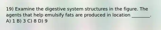 19) Examine the digestive system structures in the figure. The agents that help emulsify fats are produced in location ________. A) 1 B) 3 C) 8 D) 9