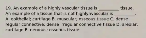 19. An example of a highly <a href='https://www.questionai.com/knowledge/k1HVFq17mo-vascular-tissue' class='anchor-knowledge'>vascular tissue</a> is __________ tissue. An example of a tissue that is not highlynvascular is __________. A. epithelial; cartilage B. muscular; osseous tissue C. dense regular connective; dense irregular <a href='https://www.questionai.com/knowledge/kYDr0DHyc8-connective-tissue' class='anchor-knowledge'>connective tissue</a> D. areolar; cartilage E. nervous; osseous tissue