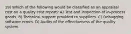 19) Which of the following would be classified as an appraisal cost on a quality cost report? A) Test and inspection of in-process goods. B) Technical support provided to suppliers. C) Debugging software errors. D) Audits of the effectiveness of the quality system.