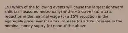 19) Which of the following events will cause the largest rightward shift (as measured horizontally) of the AD curve? (a) a 15% reduction in the nominal wage (b) a 15% reduction in the aggregate price level (c) a tax increase (d) a 10% increase in the nominal money supply (e) none of the above