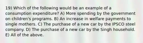 19) Which of the following would be an example of a consumption expenditure? A) More spending by the government on children's programs. B) An increase in welfare payments to single mothers. C) The purchase of a new car by the IPSCO steel company. D) The purchase of a new car by the Singh household. E) All of the above.