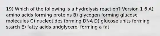 19) Which of the following is a hydrolysis reaction? Version 1 6 A) <a href='https://www.questionai.com/knowledge/k9gb720LCl-amino-acids' class='anchor-knowledge'>amino acids</a> forming proteins B) glycogen forming glucose molecules C) nucleotides forming DNA D) glucose units forming starch E) fatty acids andglycerol forming a fat