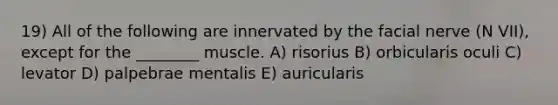 19) All of the following are innervated by the facial nerve (N VII), except for the ________ muscle. A) risorius B) orbicularis oculi C) levator D) palpebrae mentalis E) auricularis