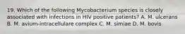 19. Which of the following Mycobacterium species is closely associated with infections in HIV positive patients? A. M. ulcerans B. M. avium-intracellulare complex C. M. simiae D. M. bovis