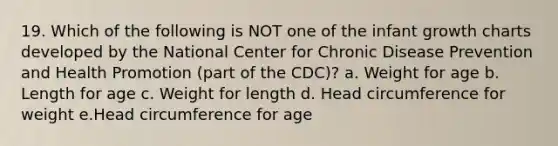 19. Which of the following is NOT one of the infant growth charts developed by the National Center for Chronic Disease Prevention and Health Promotion (part of the CDC)? a. Weight for age b. Length for age c. Weight for length d. Head circumference for weight e.Head circumference for age