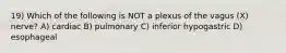 19) Which of the following is NOT a plexus of the vagus (X) nerve? A) cardiac B) pulmonary C) inferior hypogastric D) esophageal