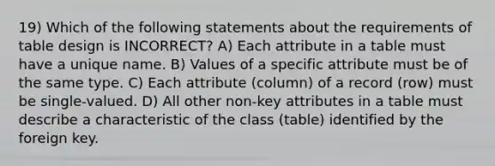 19) Which of the following statements about the requirements of table design is INCORRECT? A) Each attribute in a table must have a unique name. B) Values of a specific attribute must be of the same type. C) Each attribute (column) of a record (row) must be single-valued. D) All other non-key attributes in a table must describe a characteristic of the class (table) identified by the foreign key.