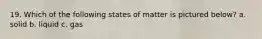 19. Which of the following states of matter is pictured below? a. solid b. liquid c. gas