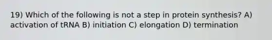 19) Which of the following is not a step in <a href='https://www.questionai.com/knowledge/kVyphSdCnD-protein-synthesis' class='anchor-knowledge'>protein synthesis</a>? A) activation of tRNA B) initiation C) elongation D) termination