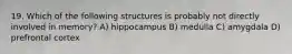 19. Which of the following structures is probably not directly involved in memory? A) hippocampus B) medulla C) amygdala D) prefrontal cortex