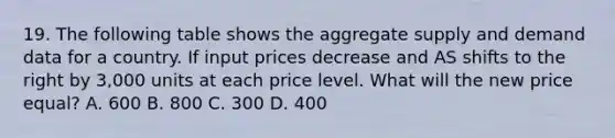 19. The following table shows the aggregate supply and demand data for a country. If input prices decrease and AS shifts to the right by 3,000 units at each price level. What will the new price equal? A. 600 B. 800 C. 300 D. 400