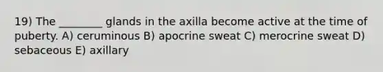 19) The ________ glands in the axilla become active at the time of puberty. A) ceruminous B) apocrine sweat C) merocrine sweat D) sebaceous E) axillary