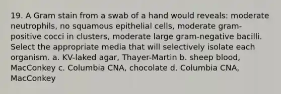 19. A Gram stain from a swab of a hand would reveals: moderate neutrophils, no squamous epithelial cells, moderate gram-positive cocci in clusters, moderate large gram-negative bacilli. Select the appropriate media that will selectively isolate each organism. a. KV-laked agar, Thayer-Martin b. sheep blood, MacConkey c. Columbia CNA, chocolate d. Columbia CNA, MacConkey