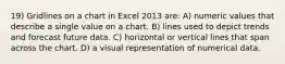 19) Gridlines on a chart in Excel 2013 are: A) numeric values that describe a single value on a chart. B) lines used to depict trends and forecast future data. C) horizontal or vertical lines that span across the chart. D) a visual representation of numerical data.