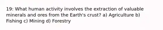 19: What human activity involves the extraction of valuable minerals and ores from the Earth's crust? a) Agriculture b) Fishing c) Mining d) Forestry