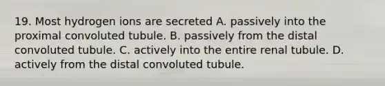 19. Most hydrogen ions are secreted A. passively into the proximal convoluted tubule. B. passively from the distal convoluted tubule. C. actively into the entire renal tubule. D. actively from the distal convoluted tubule.