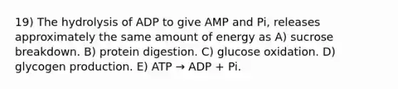 19) The hydrolysis of ADP to give AMP and Pi, releases approximately the same amount of energy as A) sucrose breakdown. B) protein digestion. C) glucose oxidation. D) glycogen production. E) ATP → ADP + Pi.