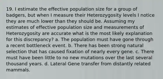 19. I estimate the effective population size for a group of badgers, but when I measure their Heterozygosity levels I notice they are much lower than they should be. Assuming my estimates of effective population size and measurements of Heterozygosity are accurate what is the most likely explanation for this discrepancy? a. The population must have gone through a recent bottleneck event. b. There has been strong natural selection that has caused fixation of nearly every gene. c. There must have been little to no new mutations over the last several thousand years. d. Lateral Gene transfer from distantly related mammals.