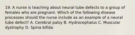 19. A nurse is teaching about neural tube defects to a group of females who are pregnant. Which of the following disease processes should the nurse include as an example of a neural tube defect? A. Cerebral palsy B. Hydrocephalus C. Muscular dystrophy D. Spina bifida