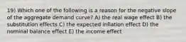 19) Which one of the following is a reason for the negative slope of the aggregate demand curve? A) the real wage effect B) the substitution effects C) the expected inflation effect D) the nominal balance effect E) the income effect