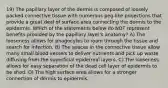 19) The papillary layer of the dermis is composed of loosely packed connective tissue with numerous peg-like projections that provide a great deal of surface area connecting the dermis to the epidermis. Which of the statements below do NOT represent benefits provided by the papillary layer's anatomy? A) The looseness allows for phagocytes to roam through the tissue and search for infection. B) The spaces in the connective tissue allow many small blood vessels to deliver nutrients and pick up waste diffusing from the superficial epidermal layers. C) The looseness allows for easy separation of the dead cell layer of epidermis to be shed. D) The high surface area allows for a stronger connection of dermis to epidermis.