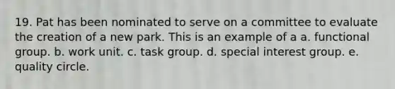 19. Pat has been nominated to serve on a committee to evaluate the creation of a new park. This is an example of a a. functional group. b. work unit. c. task group. d. special interest group. e. quality circle.