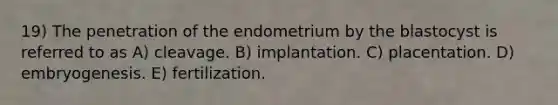 19) The penetration of the endometrium by the blastocyst is referred to as A) cleavage. B) implantation. C) placentation. D) embryogenesis. E) fertilization.