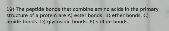 19) The peptide bonds that combine <a href='https://www.questionai.com/knowledge/k9gb720LCl-amino-acids' class='anchor-knowledge'>amino acids</a> in the <a href='https://www.questionai.com/knowledge/knHR7ecP3u-primary-structure' class='anchor-knowledge'>primary structure</a> of a protein are A) ester bonds. B) ether bonds. C) amide bonds. D) glycosidic bonds. E) sulfide bonds.