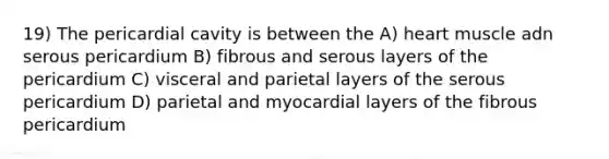 19) The pericardial cavity is between the A) heart muscle adn serous pericardium B) fibrous and serous layers of the pericardium C) visceral and parietal layers of the serous pericardium D) parietal and myocardial layers of the fibrous pericardium