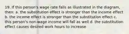 19. If this person's wage rate falls as illustrated in the diagram, then: a. the substitution effect is stronger than the income effect b. the income effect is stronger than the substitution effect c. this person's non-wage income will fall as well d. the substitution effect causes desired work hours to increase