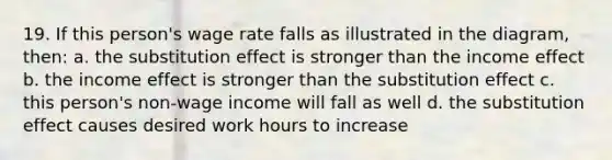 19. If this person's wage rate falls as illustrated in the diagram, then: a. the substitution effect is stronger than the income effect b. the income effect is stronger than the substitution effect c. this person's non-wage income will fall as well d. the substitution effect causes desired work hours to increase