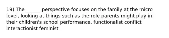 19) The ______ perspective focuses on the family at the micro level, looking at things such as the role parents might play in their children's school performance. functionalist conflict interactionist feminist