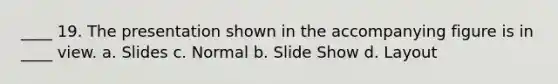 ____ 19. The presentation shown in the accompanying figure is in ____ view. a. Slides c. Normal b. Slide Show d. Layout