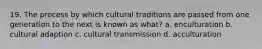 19. The process by which cultural traditions are passed from one generation to the next is known as what? a. enculturation b. cultural adaption c. cultural transmission d. acculturation