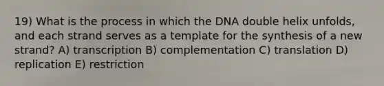 19) What is the process in which the DNA double helix unfolds, and each strand serves as a template for the synthesis of a new strand? A) transcription B) complementation C) translation D) replication E) restriction