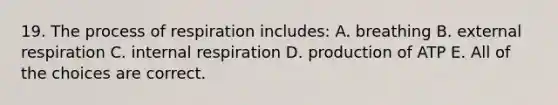 19. The process of respiration includes: A. breathing B. external respiration C. internal respiration D. production of ATP E. All of the choices are correct.