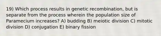 19) Which process results in genetic recombination, but is separate from the process wherein the population size of Paramecium increases? A) budding B) meiotic division C) mitotic division D) conjugation E) binary fission