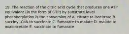 19. The reaction of the citric acid cycle that produces one ATP equivalent (in the form of GTP) by substrate level phosphorylation is the conversion of A. citrate to isocitrate B. succinyl-CoA to succinate C. fumarate to malate D. malate to oxaloacetate E. succinate to fumarate