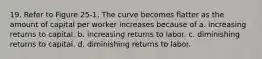 19. Refer to Figure 25-1. The curve becomes flatter as the amount of capital per worker increases because of a. increasing returns to capital. b. increasing returns to labor. c. diminishing returns to capital. d. diminishing returns to labor.