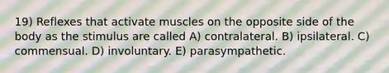 19) Reflexes that activate muscles on the opposite side of the body as the stimulus are called A) contralateral. B) ipsilateral. C) commensual. D) involuntary. E) parasympathetic.