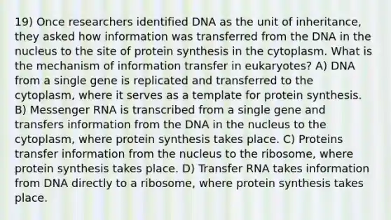 19) Once researchers identified DNA as the unit of inheritance, they asked how information was transferred from the DNA in the nucleus to the site of protein synthesis in the cytoplasm. What is the mechanism of information transfer in eukaryotes? A) DNA from a single gene is replicated and transferred to the cytoplasm, where it serves as a template for protein synthesis. B) Messenger RNA is transcribed from a single gene and transfers information from the DNA in the nucleus to the cytoplasm, where protein synthesis takes place. C) Proteins transfer information from the nucleus to the ribosome, where protein synthesis takes place. D) Transfer RNA takes information from DNA directly to a ribosome, where protein synthesis takes place.