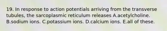 19. In response to action potentials arriving from the transverse tubules, the sarcoplasmic reticulum releases A.acetylcholine. B.sodium ions. C.potassium ions. D.calcium ions. E.all of these.