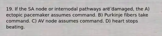 19. If the SA node or internodal pathways are damaged, the A) ectopic pacemaker assumes command. B) Purkinje fibers take command. C) AV node assumes command. D) heart stops beating.