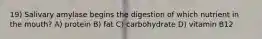 19) Salivary amylase begins the digestion of which nutrient in the mouth? A) protein B) fat C) carbohydrate D) vitamin B12