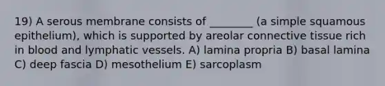 19) A serous membrane consists of ________ (a simple squamous epithelium), which is supported by areolar connective tissue rich in blood and lymphatic vessels. A) lamina propria B) basal lamina C) deep fascia D) mesothelium E) sarcoplasm