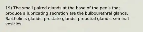 19) The small paired glands at the base of the penis that produce a lubricating secretion are the bulbourethral glands. Bartholin's glands. prostate glands. preputial glands. seminal vesicles.