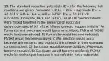 19. The standard reduction potentials (E'∞) for the following half reactions are given. Fumarate + 2H+ + 2eñ → succinate E'∞ = +0.031 V FAD + 2H+ + 2eñ → FADH2 E'∞ = ñ0.219 V If succinate, fumarate, FAD, and FADH2, all at l M concentrations, were mixed together in the presence of succinate dehydrogenase, which of the following would happen initially? A) Fumarate and succinate would become oxidized; FAD and FADH2 would become reduced. B) Fumarate would become reduced; FADH2 would become oxidized. C) No reaction would occur because all reactants and products are already at their standard concentrations. D) Succinate would become oxidized; FAD would become reduced. E) Succinate would become oxidized; FADH2 would be unchanged because it is a cofactor, not a substrate.