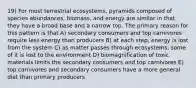 19) For most terrestrial ecosystems, pyramids composed of species abundances, biomass, and energy are similar in that they have a broad base and a narrow top. The primary reason for this pattern is that A) secondary consumers and top carnivores require less energy than producers B) at each step, energy is lost from the system C) as matter passes through ecosystems, some of it is lost to the environment D) biomagnification of toxic materials limits the secondary consumers and top carnivores E) top carnivores and secondary consumers have a more general diet than primary producers