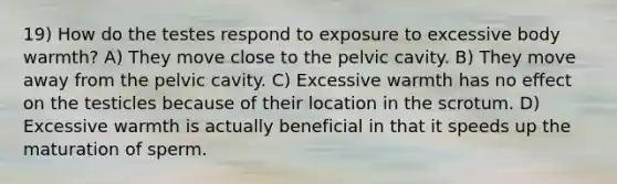 19) How do the testes respond to exposure to excessive body warmth? A) They move close to the pelvic cavity. B) They move away from the pelvic cavity. C) Excessive warmth has no effect on the testicles because of their location in the scrotum. D) Excessive warmth is actually beneficial in that it speeds up the maturation of sperm.