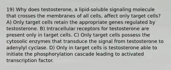 19) Why does testosterone, a lipid-soluble signaling molecule that crosses the membranes of all cells, affect only target cells? A) Only target cells retain the appropriate genes regulated by testosterone. B) Intracellular receptors for testosterone are present only in target cells. C) Only target cells possess the cytosolic enzymes that transduce the signal from testosterone to adenylyl cyclase. D) Only in target cells is testosterone able to initiate the phosphorylation cascade leading to activated transcription factor.